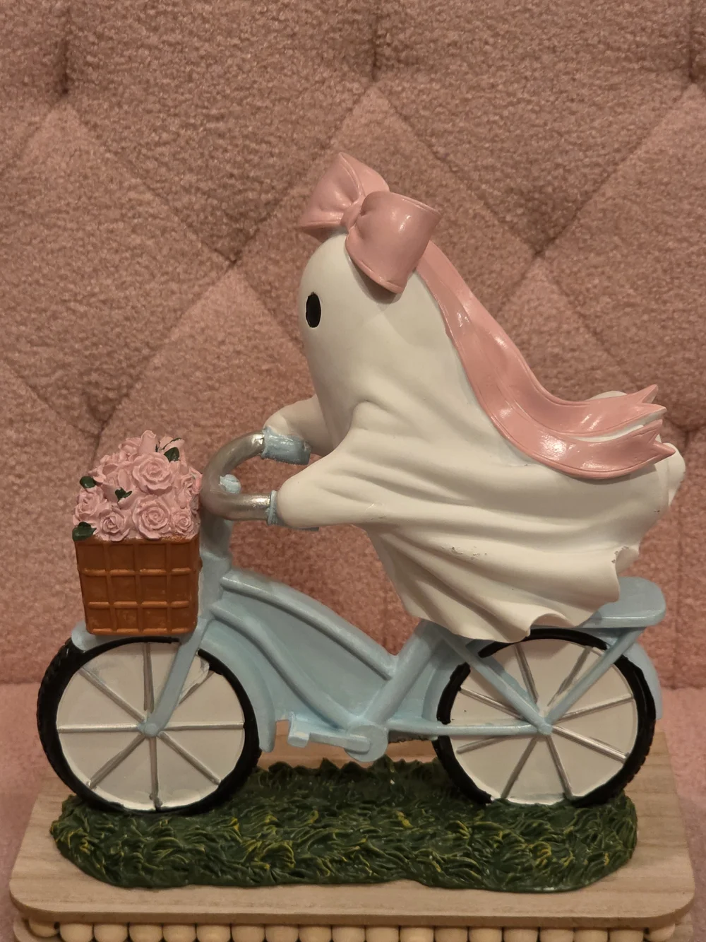 Pink Bow Ghost on Blue Bicycle Figurine with Flower Basket